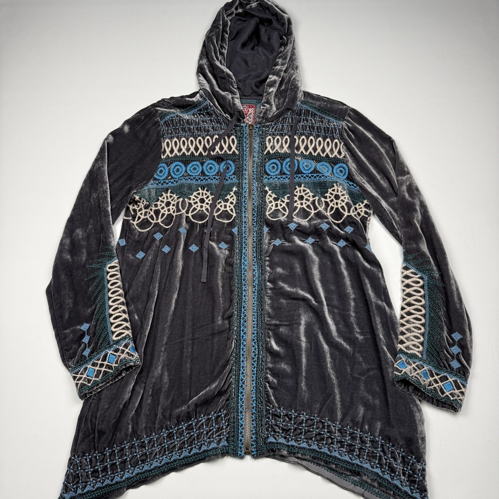 Johnny Was Velvet Jacket Womens M Gray Embroidered Hooded Full Zip Boho JWLA